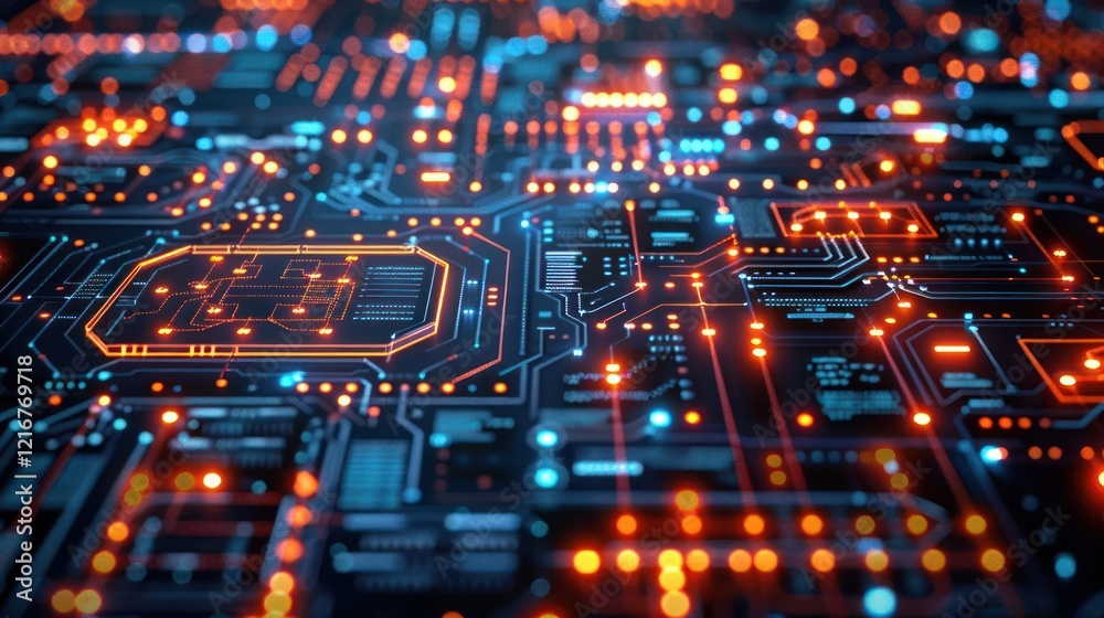 Obraz premium Abstract representation of a vibrant circuit board with glowing connections and nodes
