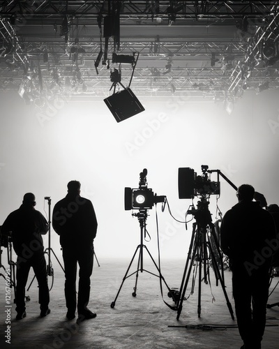 A cinematic scene with silhouetted figures against a bright backdrop, showcasing film equipment and studio lighting.
