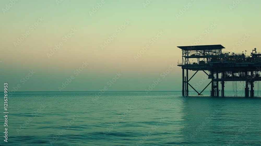 Oil drilling platform standing tall in the vast ocean, symbolizing human innovation and the quest for energy amidst nature's vastness.
Oil drilling platform standing tall in the vast ocean, symbolizing human innovation and the quest for energy amidst nature's vastness.