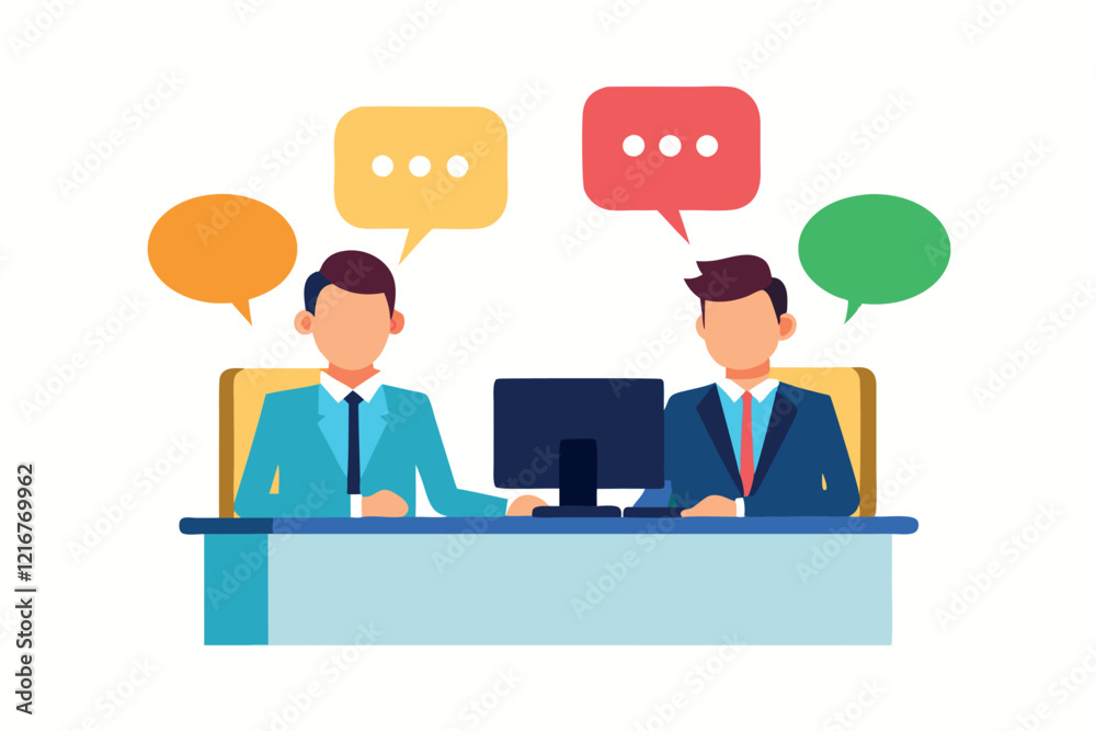 Two Businessmen Discussing Ideas at a Desk With Speech Bubbles in a Vector Art Style Two Businessmen Discussing Ideas at a Desk With Speech Bubbles in a Vector Art Style