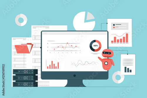 Data Extraction and Analysis Illustration depicting a robot extracting data from various sources, symbolizing data mining, data analysis, and data visualization.