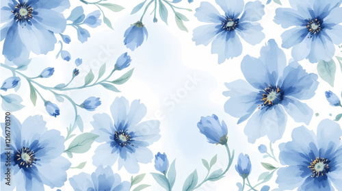 Seamless pattern with blue watercolor flowers. Background design.