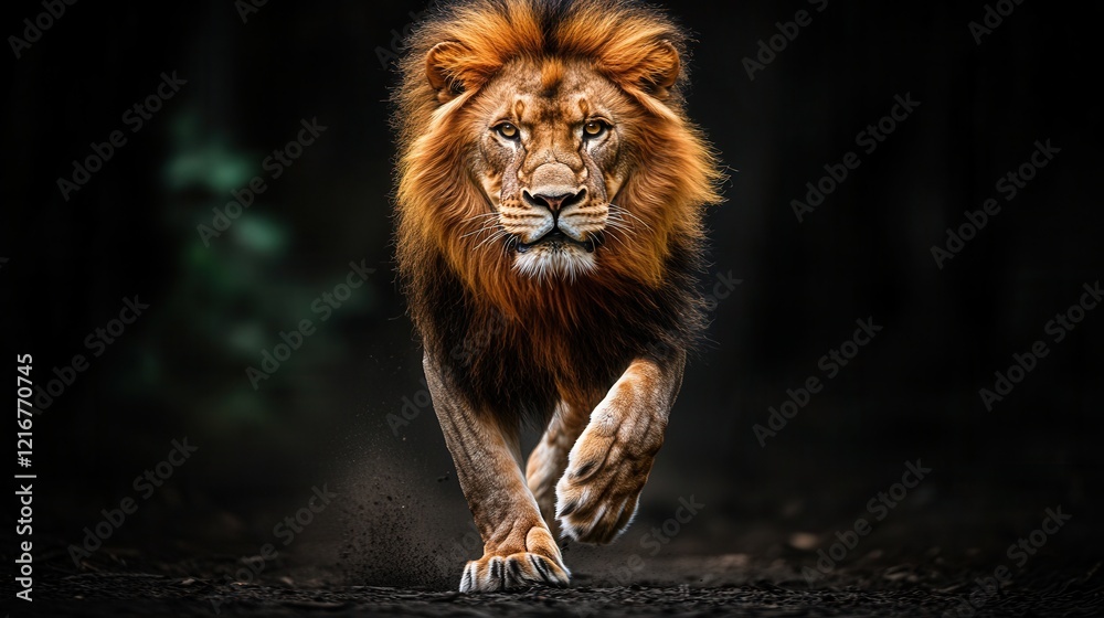 Fototapeta premium Running lion with a powerful mane and fierce gaze