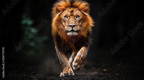 Running lion with a powerful mane and fierce gaze photo