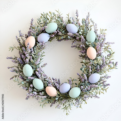 Pastel Easter egg wreath with lavender and eucalyptus. Perfect spring decoration!
