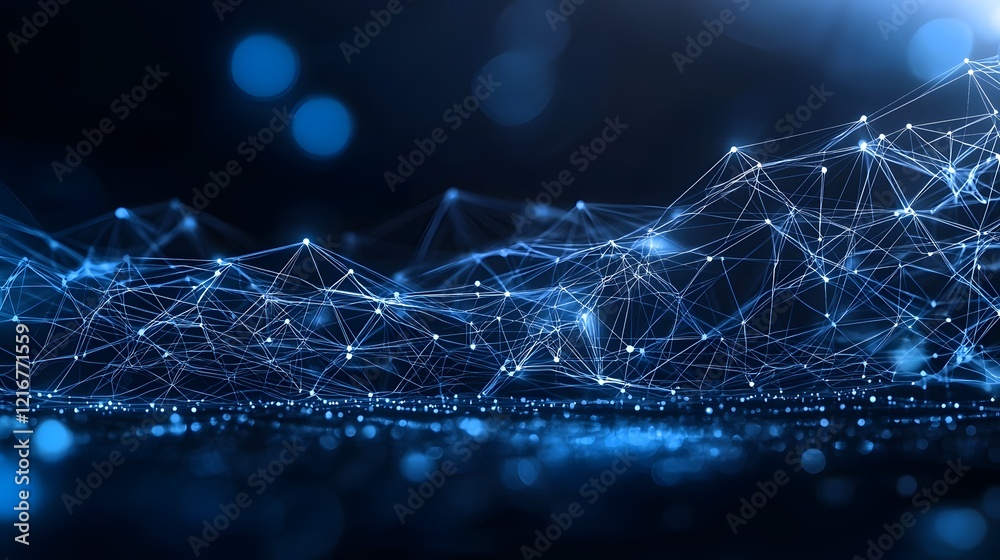 Obraz premium Captivating digital abstract composition featuring a sophisticated web like network of bright blue lines and dots forming complex intricately layered patterns against a deep dark background