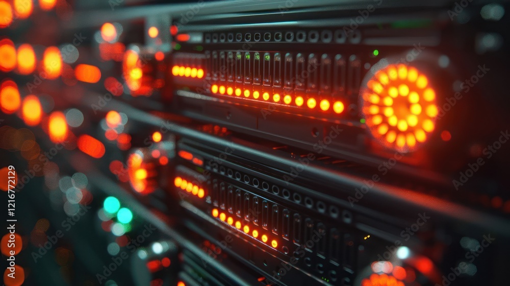 Close-up view of illuminated server racks showcasing data processing technology in action (6) Close-up view of illuminated server racks showcasing data processing technology in action (6)