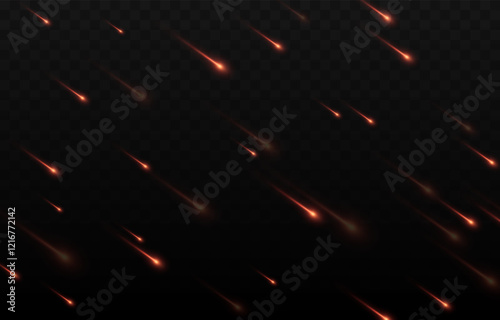 Vector meteor shower png. Falling comets on a transparent background. Cosmic starfall.