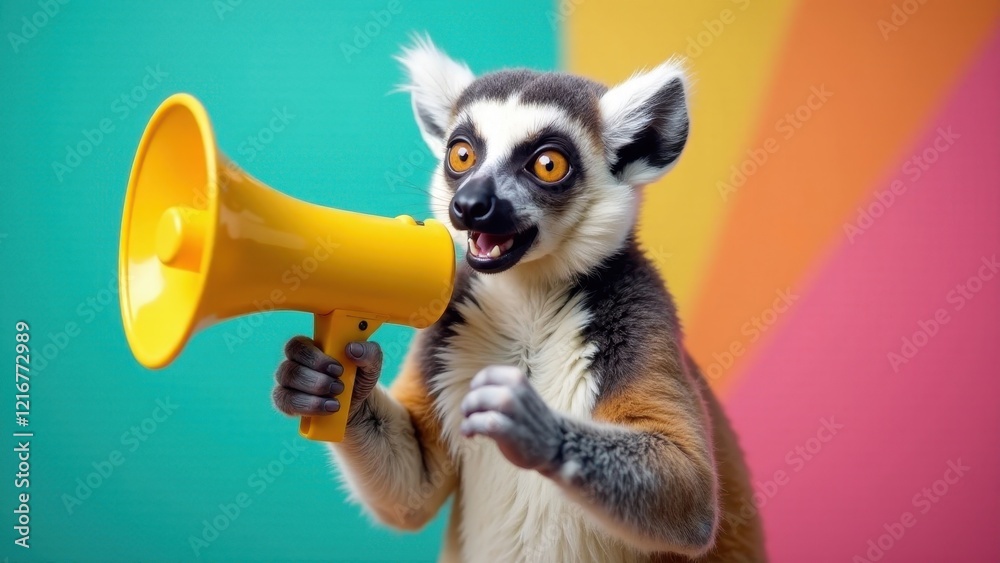 Fototapeta premium A playful ring-tailed lemur announces an exciting event using a vibrant yellow megaphone against a colorful backdrop.