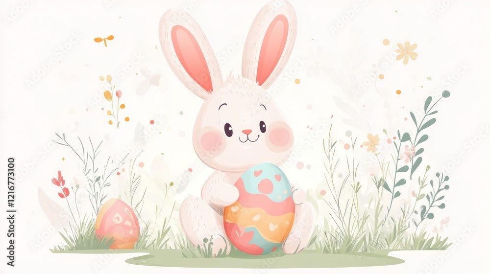Obraz premium Cute bunny holding Easter egg in spring meadow.