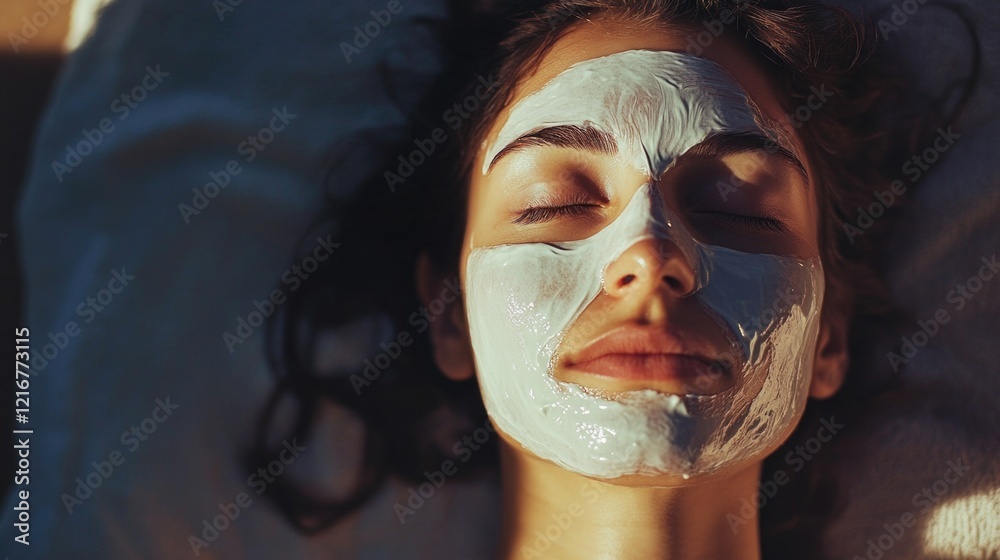 Fototapeta premium The image depicts a woman in deep relaxation, lying down with her eyes closed, having a facial mask applied. This suggests themes of self-care, wellness, beauty and serenity.