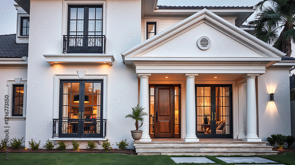 Fototapeta premium Magnificent Modern House Exterior: Elegant Design, Classic Columns, and Luxurious Details