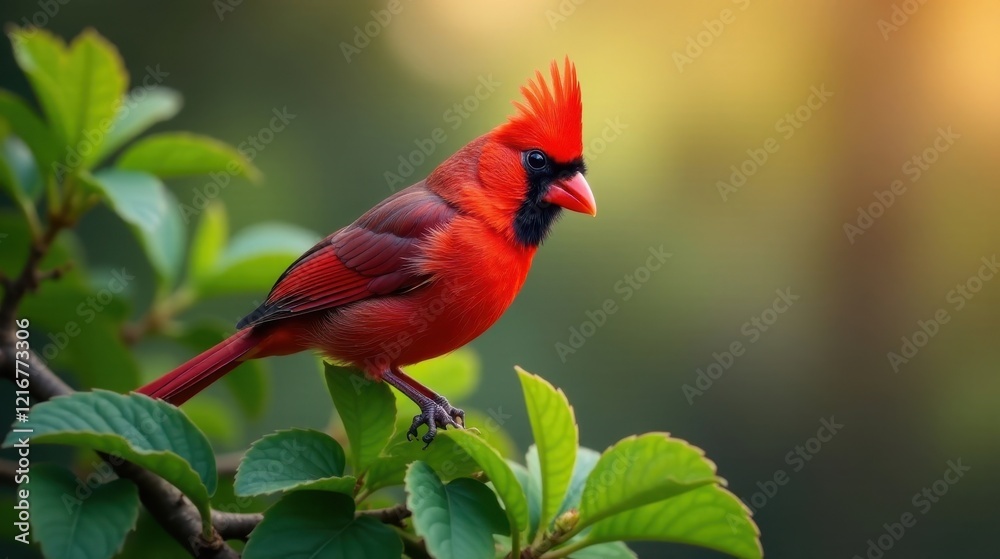 A vibrant red cardinal bird perched gracefully on a lush green branch, its plumage glowing in the soft sunlight, a captivating display of nature's artistry. A vibrant red cardinal bird perched gracefully on a lush green branch, its plumage glowing in the soft sunlight, a captivating display of nature's artistry.