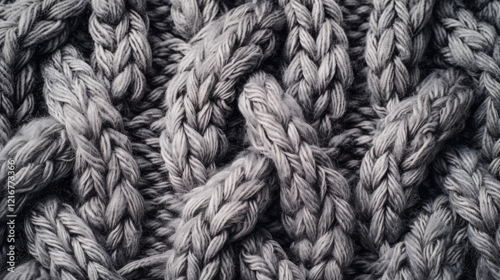 A knitted sweater with a pattern of twisted yarn. The sweater is made of gray yarn and has a fuzzy texture A knitted sweater with a pattern of twisted yarn. The sweater is made of gray yarn and has a fuzzy texture