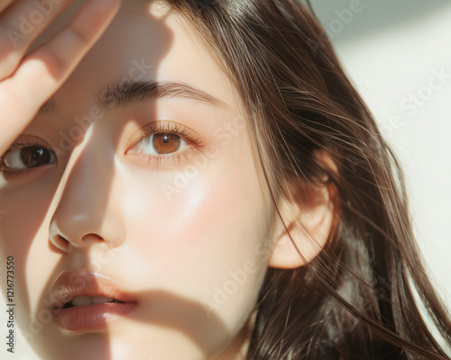  美肌で綺麗な若いアジア人女性の顔半分にクローズアップした美容・ファッション撮影ショット。光と影がおしゃれな雰囲気を作っている。 photo