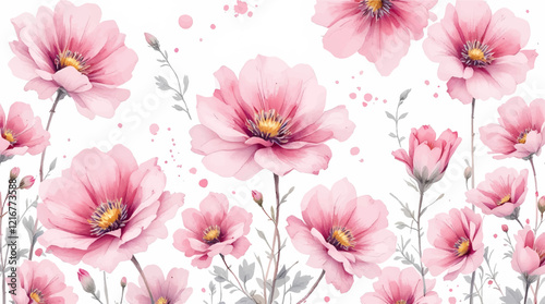 Seamless pattern with Pink flowers watercolor