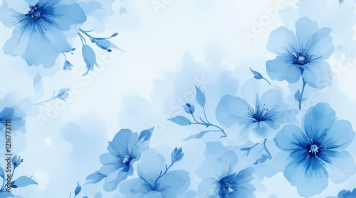 Seamless pattern with blue flowers painted in watercolor style on a white background, elegant floral design