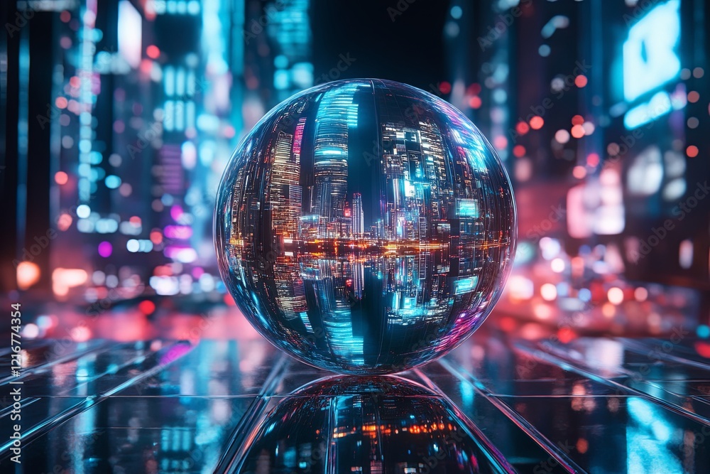 Fototapeta premium Reflective sphere on a city street at night showcasing vibrant neon lights and urban architecture. Generative AI