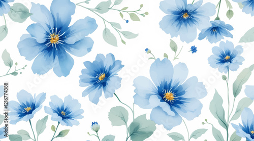 Seamless pattern with blue watercolor flowers. Background design.