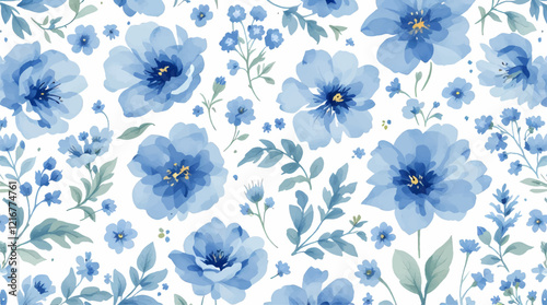 Seamless pattern with blue flowers painted in watercolor style on a white background, elegant floral design