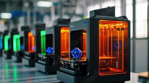 Advanced 3D Printers in a High-Tech Lab Producing Colorful Geometric Designs