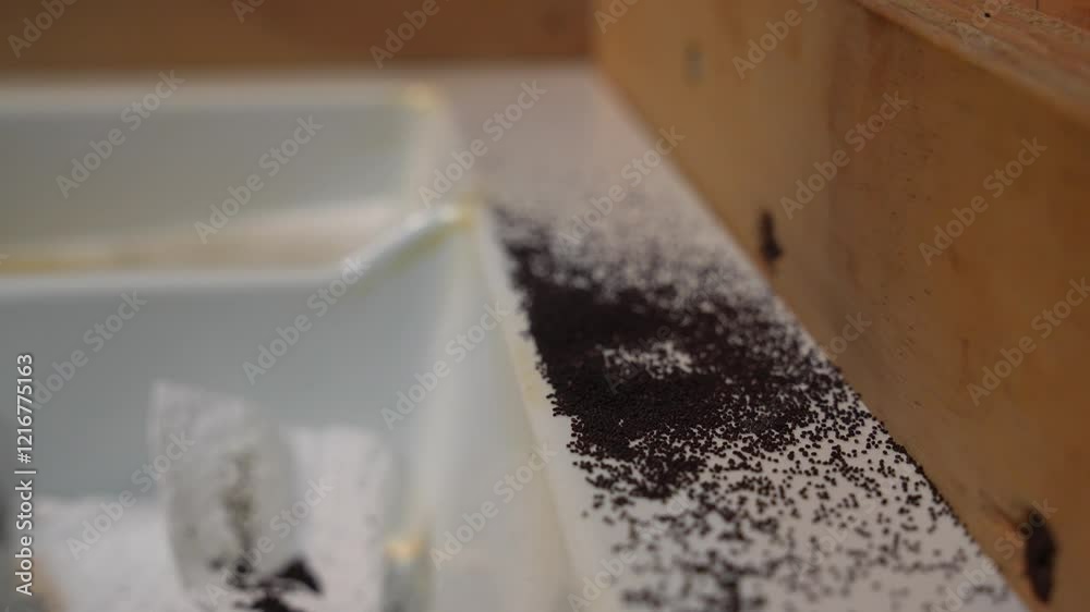 Termite feces piled in a wooden drawer indicating an infestation. Termite frass. Close up Termite feces piled in a wooden drawer indicating an infestation. Termite frass. Close up