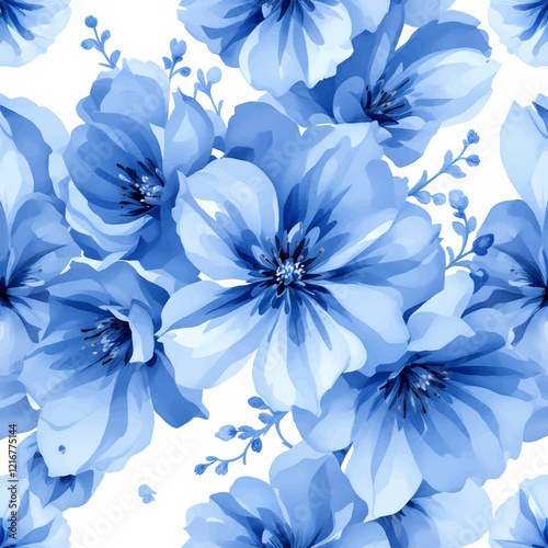 Seamless pattern with blue flowers painted in watercolor style on a white background, elegant floral design