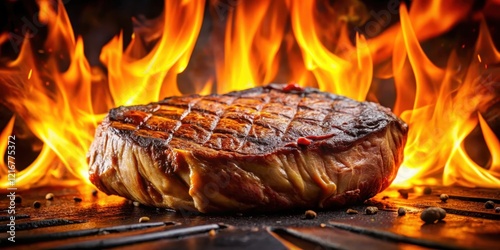 Sizzling grilled beef steak with a charred crust photo