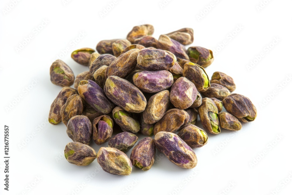 Raw pistachios in their natural state create an appetizing display on a clean white background, showcasing their unique textures and colors Raw pistachios in their natural state create an appetizing display on a clean white background, showcasing their unique textures and colors