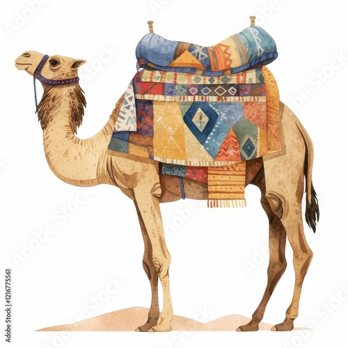 Arabian Camel with Colorful Saddlebags Desert Animal Watercolor Illustration photo