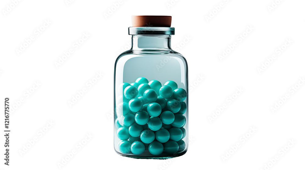 Teal spheres inside a glass apothecary jar with a minimalist background, ideal for product photography, transparent background. Teal spheres inside a glass apothecary jar with a minimalist background, ideal for product photography, transparent background.