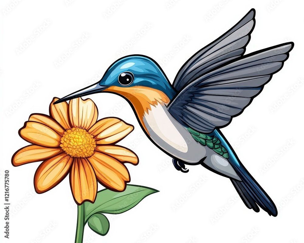 Fototapeta premium Colorful Hummingbird Approaching Bright Orange Flower with Green Leaves