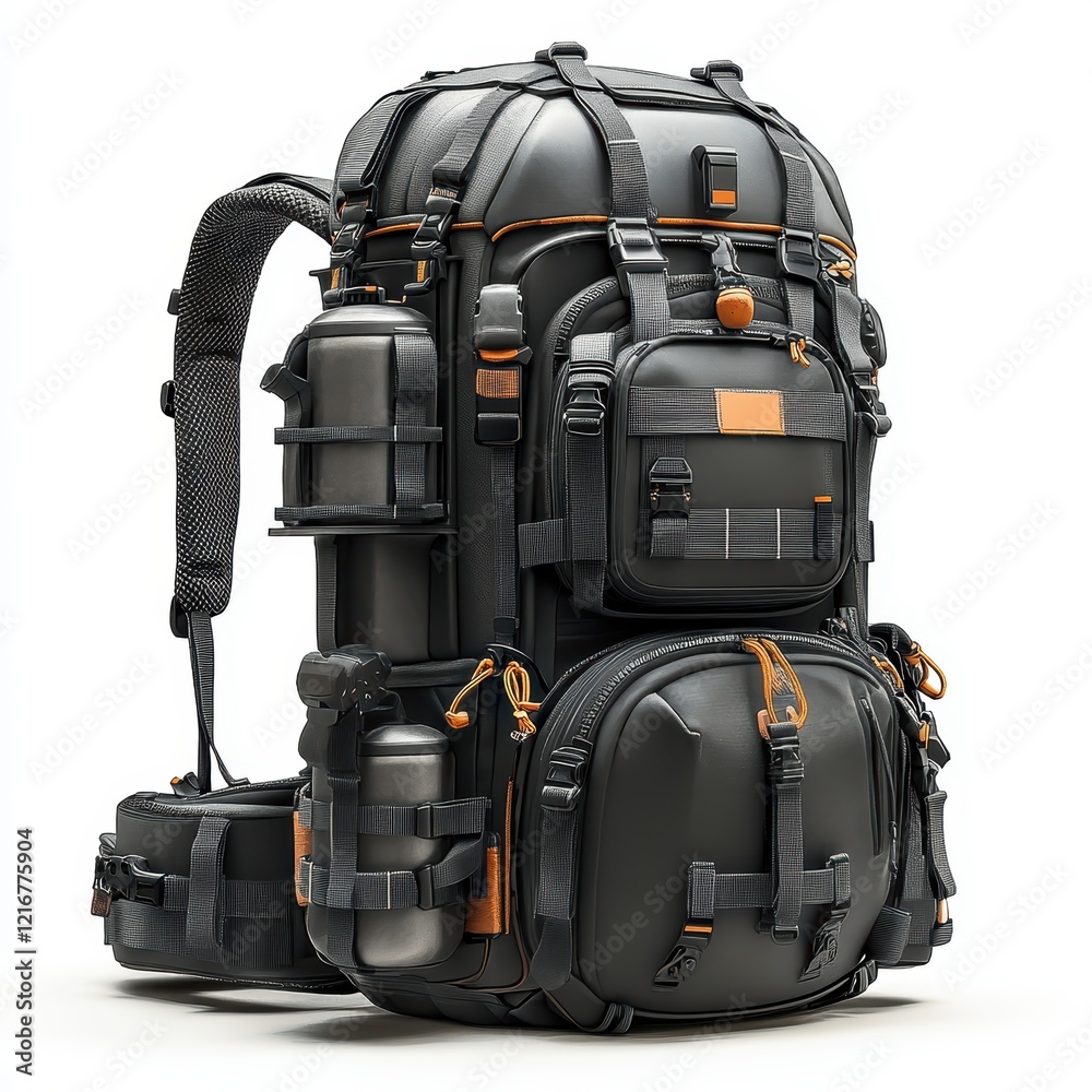 Naklejka premium Adjustable Lightweight Black Hiking Backpack on White Background