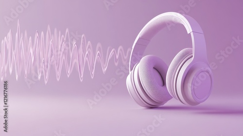 Stylish white headphones placed on a purple background with sound waves, representing modern audio technology.