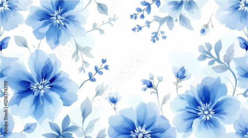 Seamless pattern with blue flowers painted in watercolor style on a white background, elegant floral design