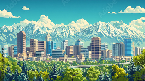 A vibrant animated illustration of Salt Lake City with modern buildings, snowy mountain peaks, and green trees under a bright sky, presenting a lively and colorful cityscape.