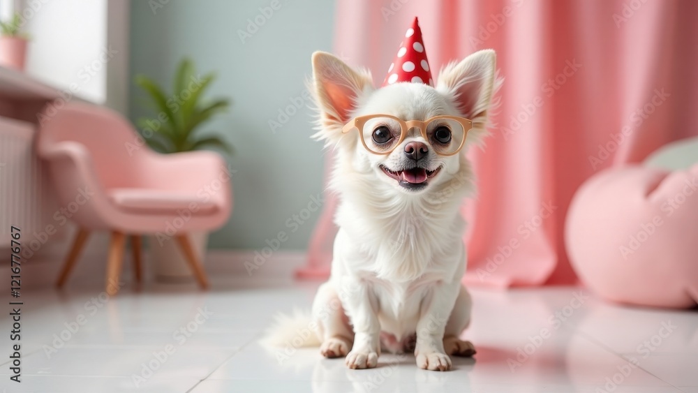 A cheerful small dog wearing spectacles and a party hat sits on a tiled floor in a pastel-colored room A cheerful small dog wearing spectacles and a party hat sits on a tiled floor in a pastel-colored room
