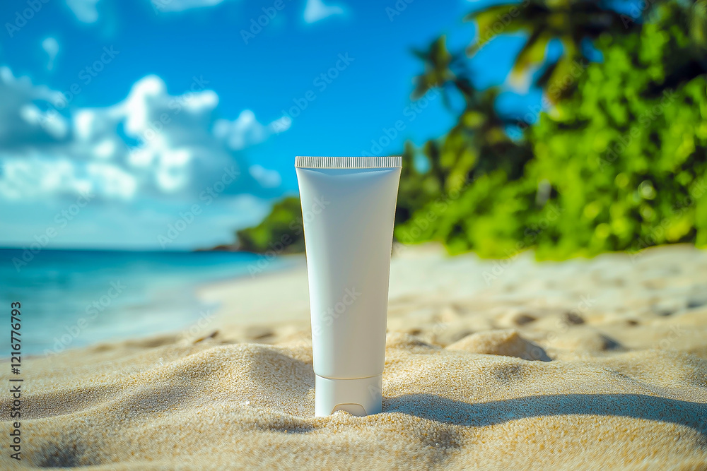 A tube of cream on the sand of a beautiful beach. Promotional photo of a cosmetic product. A tube of cream on the sand of a beautiful beach. Promotional photo of a cosmetic product.