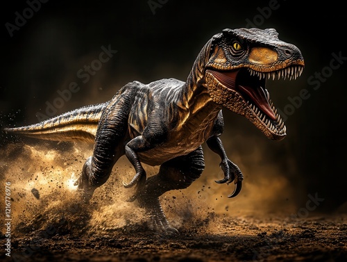 Running velociraptor on a dark background, dynamic dinosaur scene