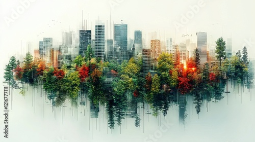 An imaginative blend of skyscrapers and vibrant foliage, showcasing the harmonious relationship between urban architecture and nature within a picturesque cityscape.