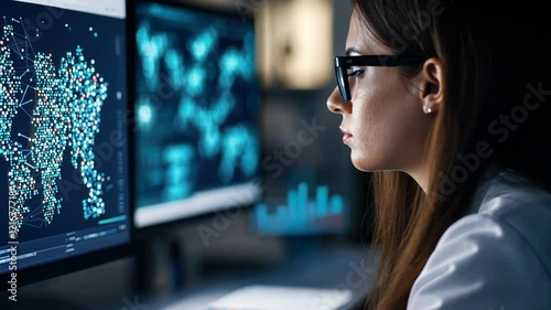 Professional Woman Analyzing Data on Computer Screens in Modern Office Environment