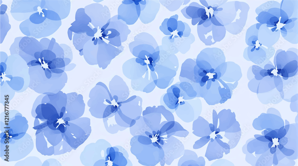 Seamless pattern with blue flowers painted in watercolor style on a white background, elegant floral design