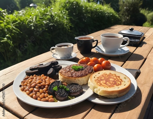Traditional English Breakfast- sausage, baked beans, toast, grilled tomatoes, mushrooms,  black pudding, Crumpets, Porridge , English breakfast tea, on an outdoor wooden table