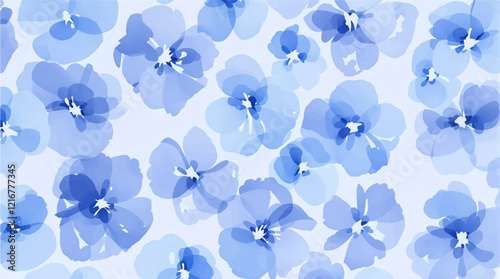 Seamless pattern with blue flowers painted in watercolor style on a white background, elegant floral design