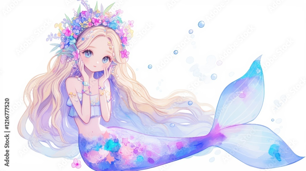 Enchanting Mermaid with Blonde Hair and Flower Crown Watercolor Illustration Enchanting Mermaid with Blonde Hair and Flower Crown Watercolor Illustration