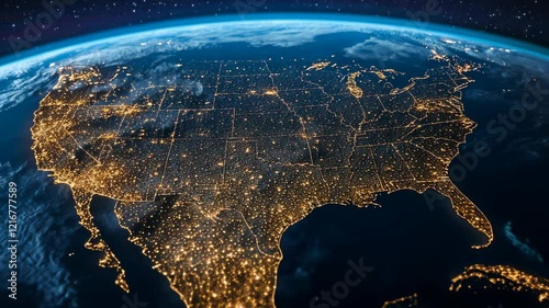 Bright city lights illuminate the United States at night with Earth’s curvature visible from space