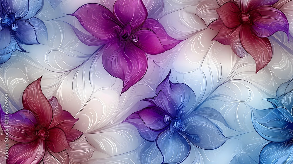 Mesmerizing Floral Fantasy Seamless abstract pattern with captivating purple blue and pastel flowers blending soft textures and mystical elements for a dreamy ethereal background Mesmerizing Floral Fantasy Seamless abstract pattern with captivating purple blue and pastel flowers blending soft textures and mystical elements for a dreamy ethereal background