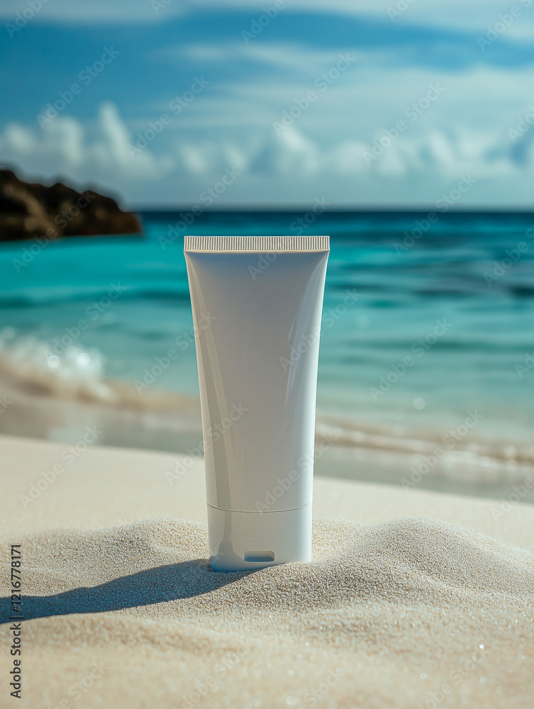 A tube of cream on the sand of a beautiful beach. Promotional photo of a cosmetic product.