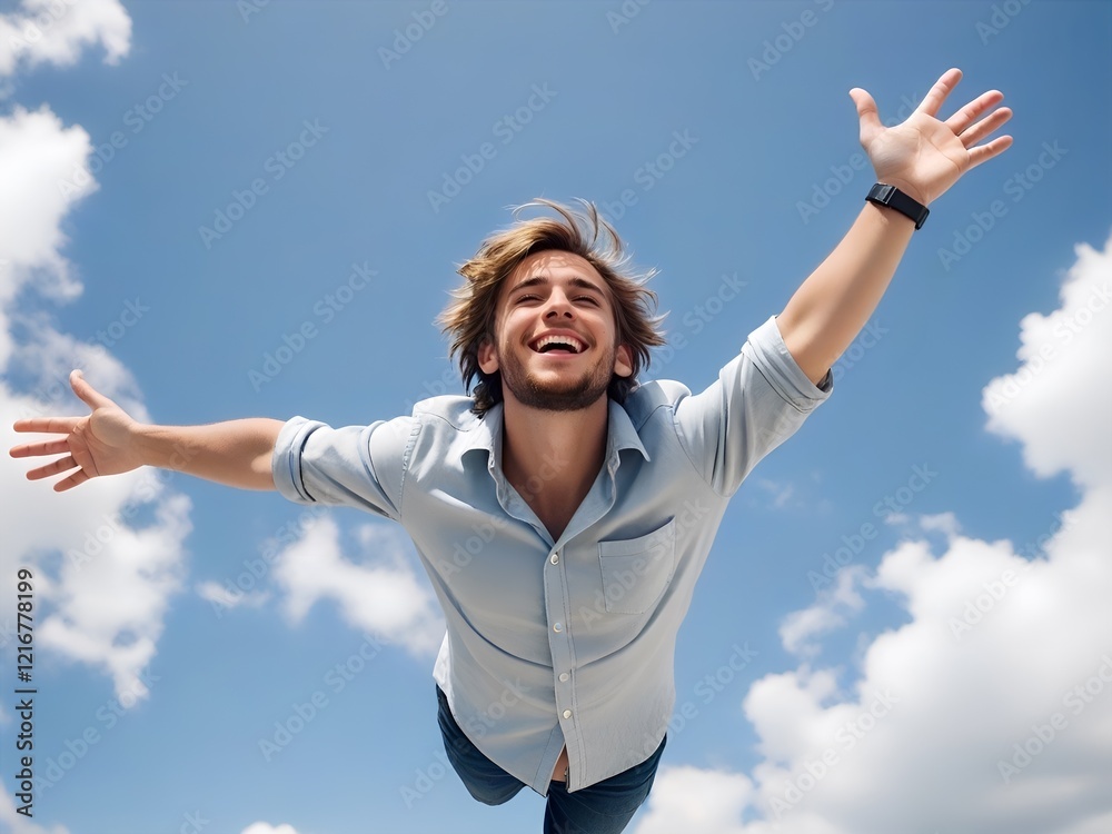 Man with open arms reaching skyward expressing joy and freedom in bright sunlight