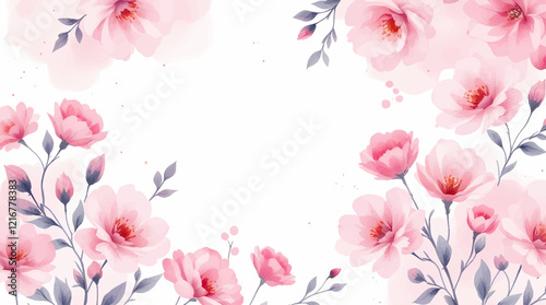 Seamless pattern with Pink flowers painted in watercolor style on a white background, elegant floral design